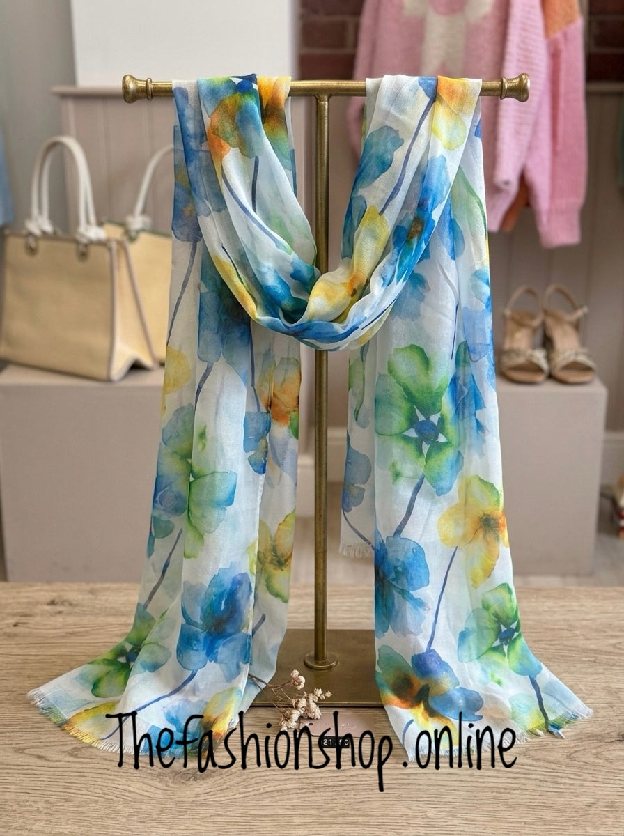 Blue watercolour pansy scarf