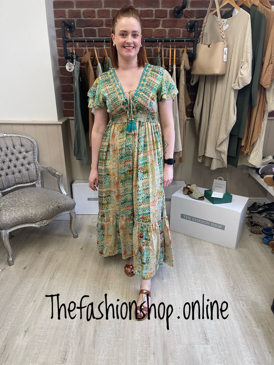 Green silk vintage tassel dress 8-16