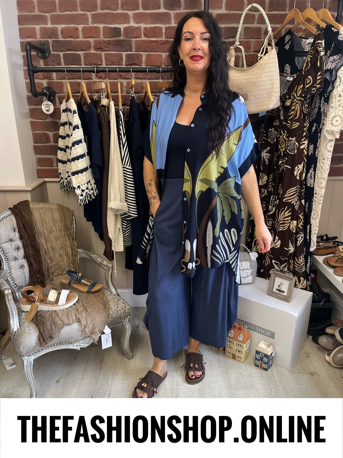 Fly Out Scenic Palm Tree Linen Mix Shirt in Navy 12-18
