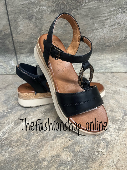 Tamaris black wide fit leather wedge sandals sizes 4-8 (37-42)