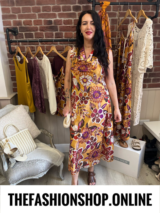 Macie bold flowers draped neck dress 10-14