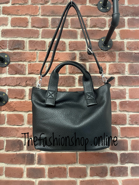 Black faux leather tote bag