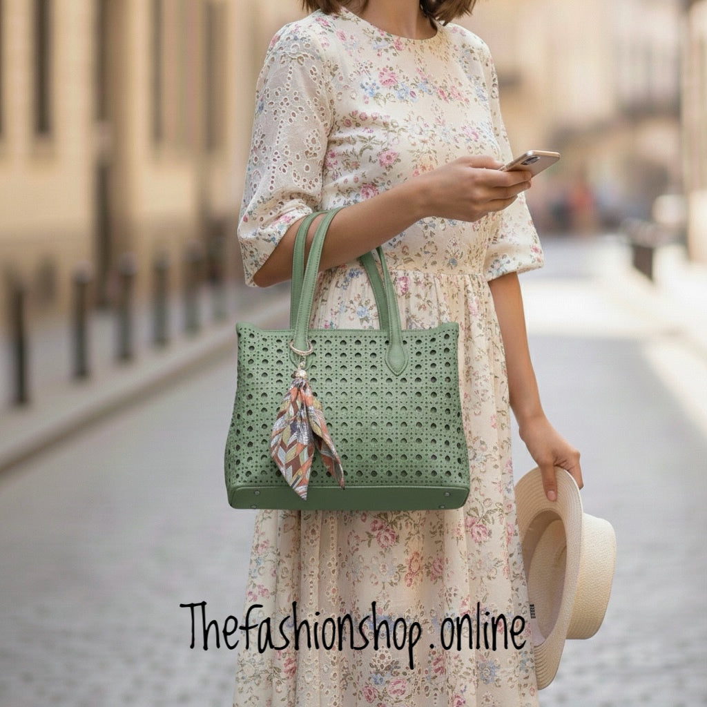 Sienna Lasercut Shoulder Bag in Sage Green