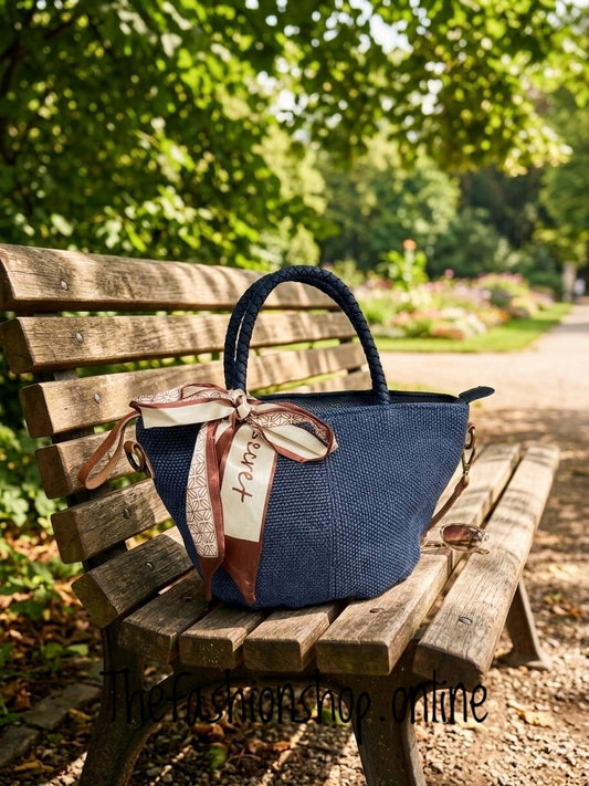 Lucy navy woven handle bag