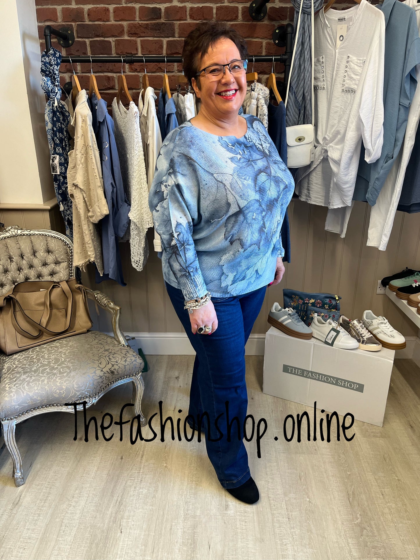 Helena blue leaves fine knit jumper 8-18