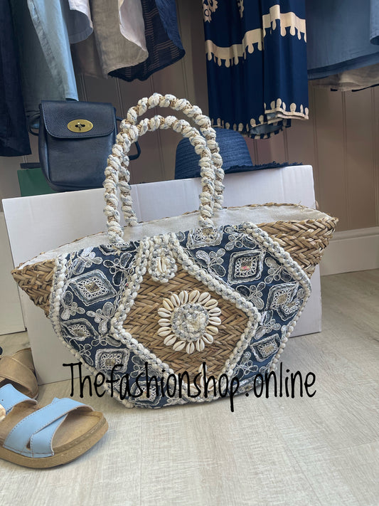Premium shell embellished tote bag basket