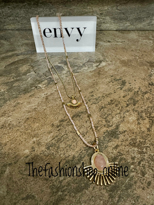 Envy long gold and pink fan necklace