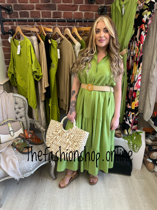 Leona lime green tiered dress with belt 8-16