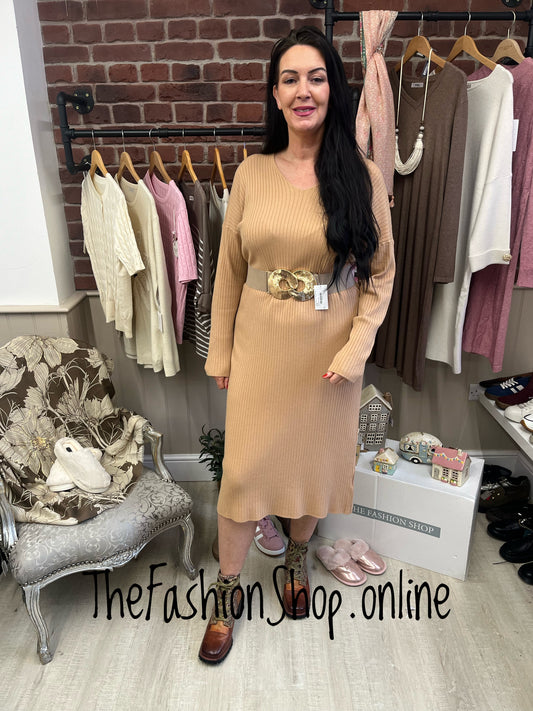 Violet camel V neck ribbed dress 14-18