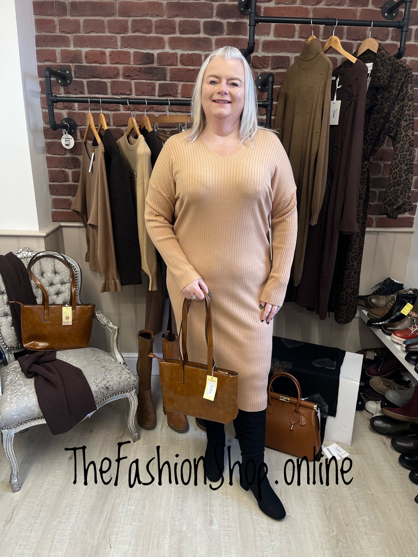 Violet camel V neck ribbed dress 14-18