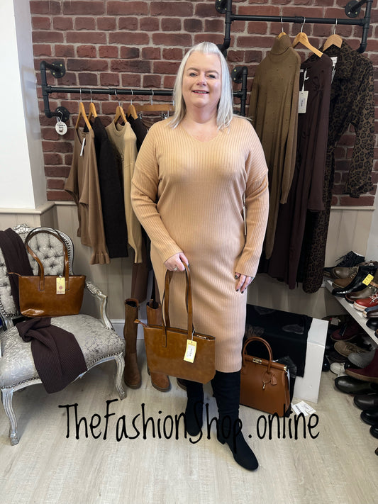 Violet camel V neck ribbed dress 14-18