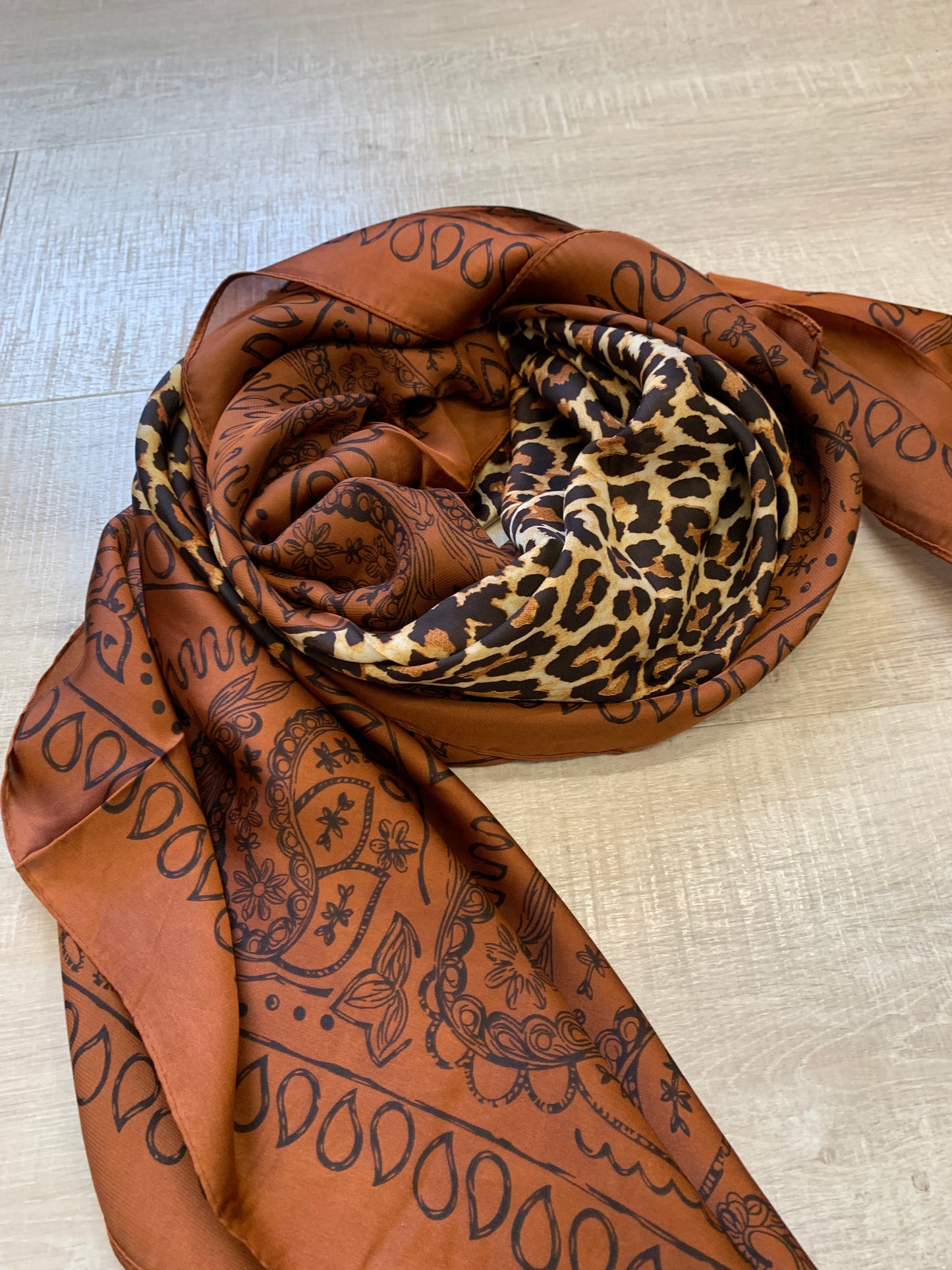 Bronze and leopard print silky square scarf