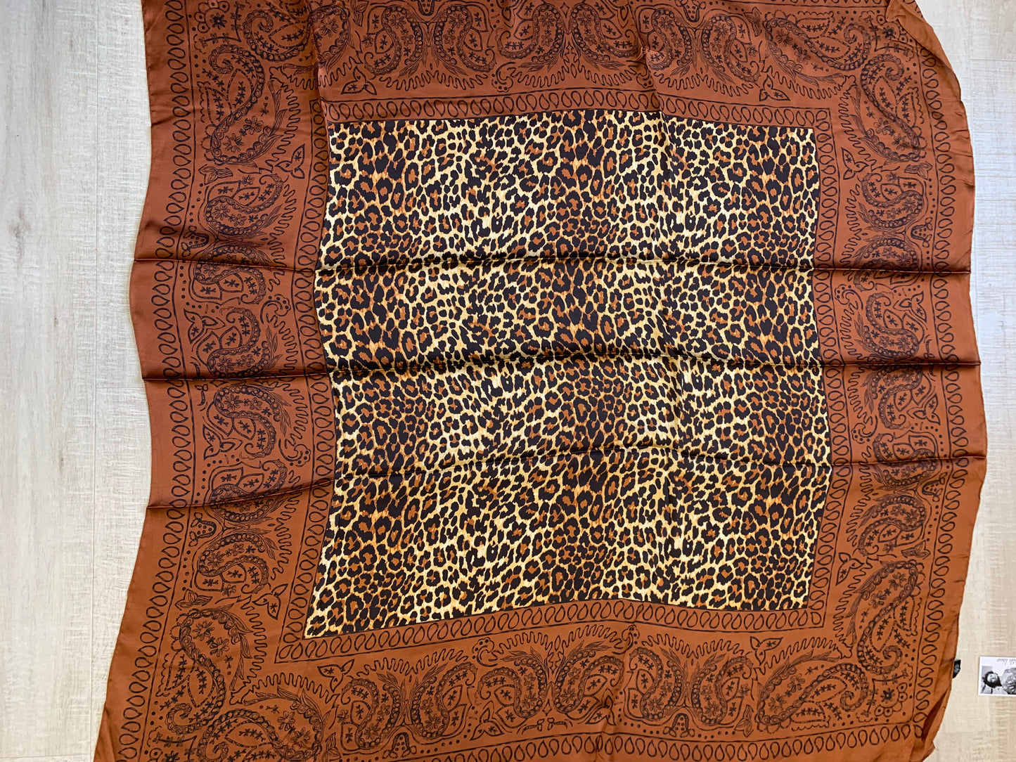 Bronze and leopard print silky square scarf