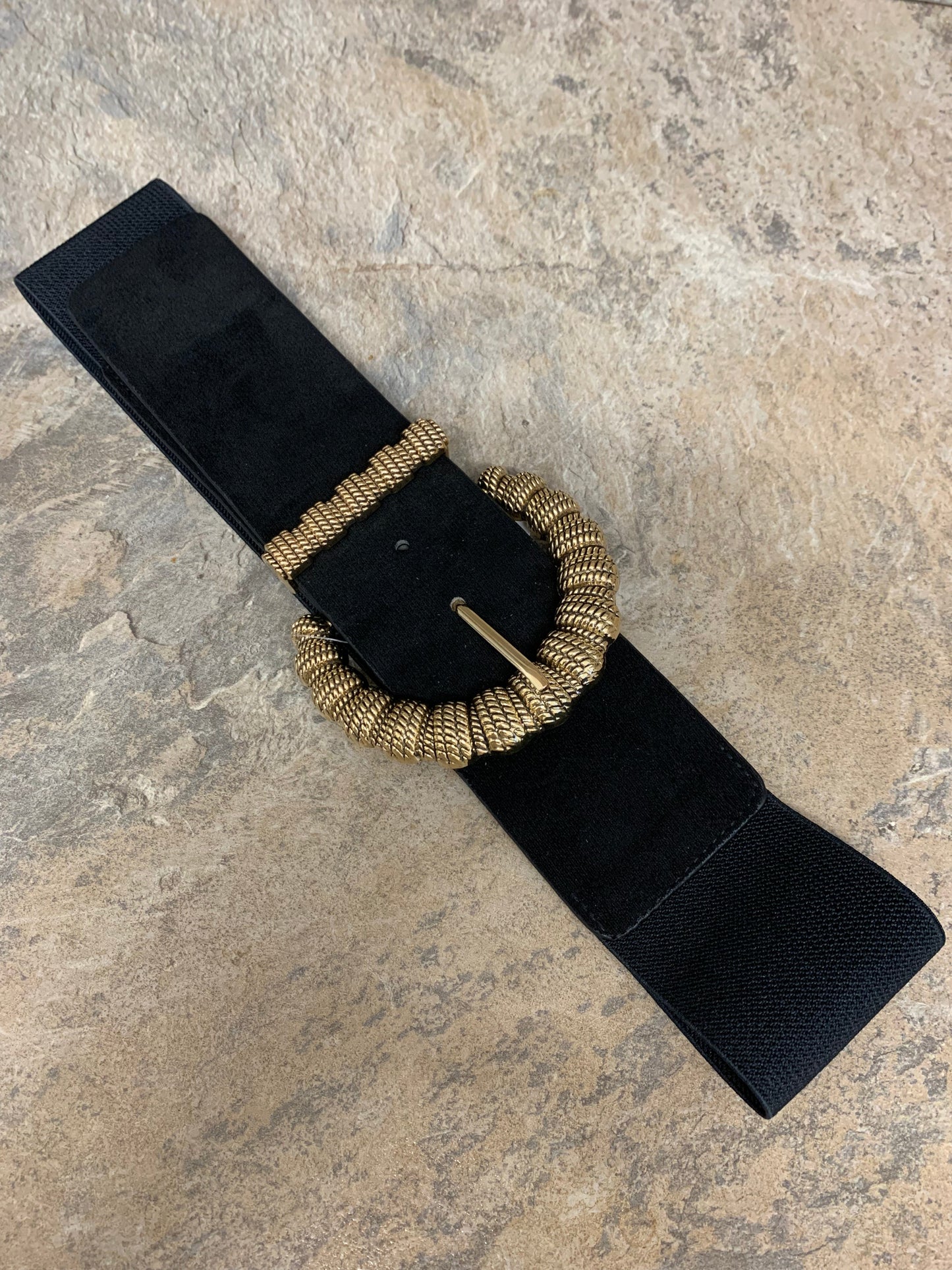 Black faux suede gold buckle belt