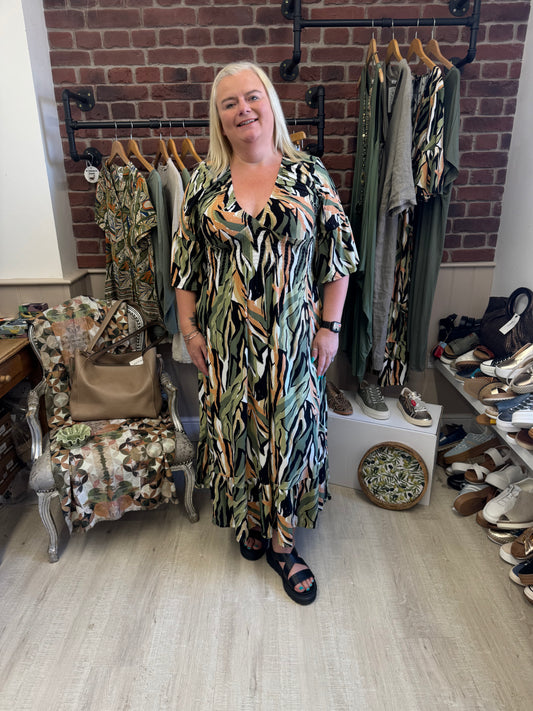 Nora khaki abstract print midi dress sizes 10-12, 14-16 and 18