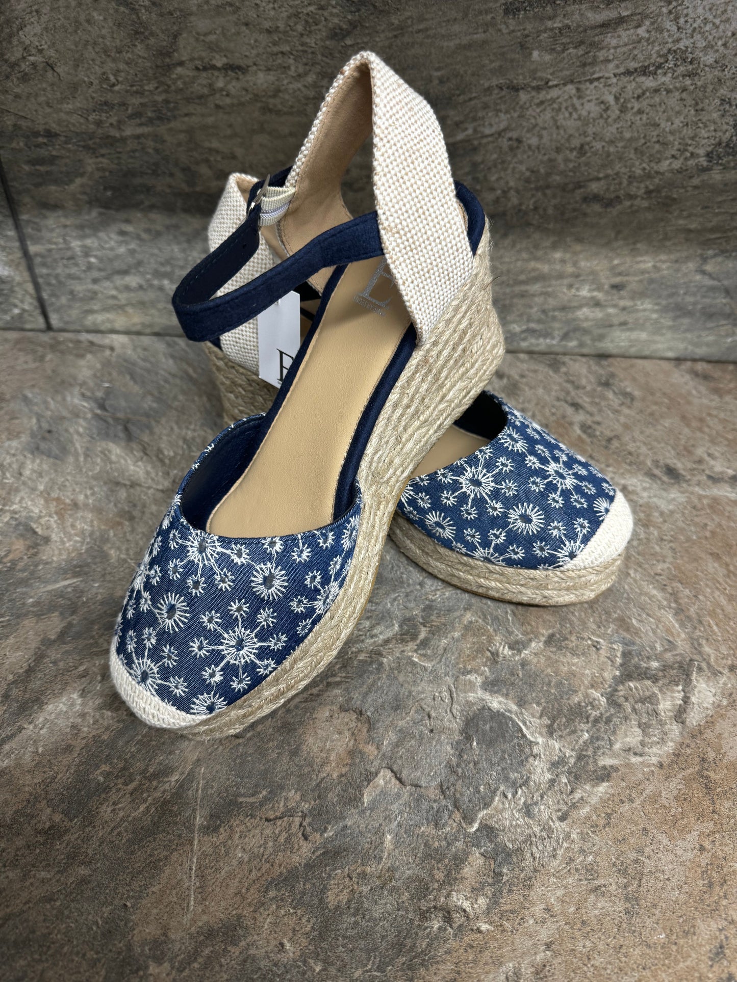 Denim broderie anglaise espadrille wedge sizes 4-8