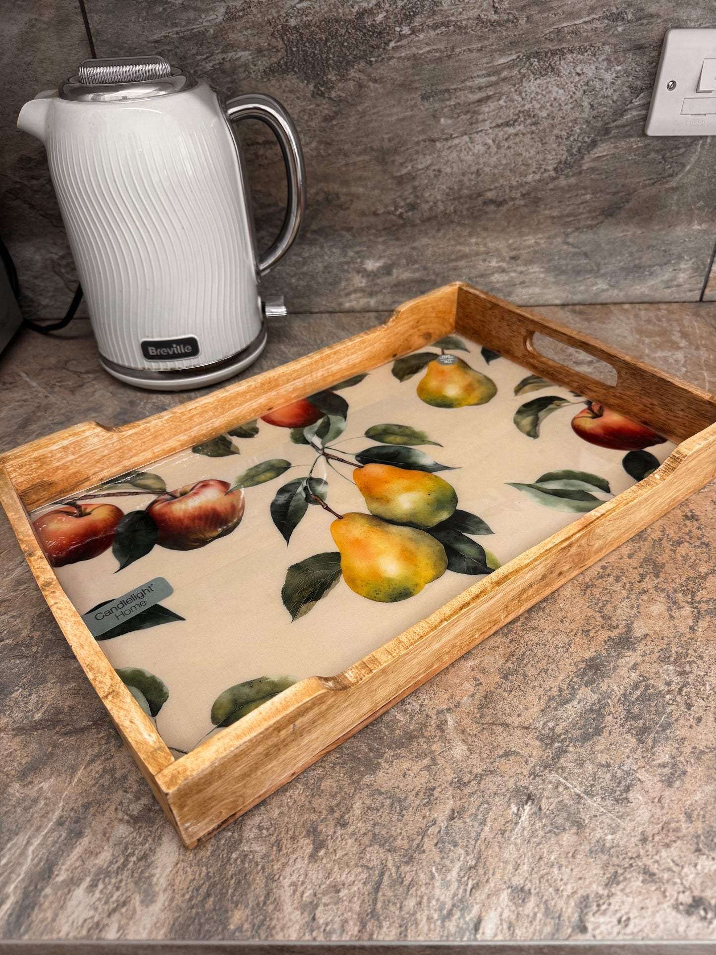 Candlelight Mango Wood Oblong Tray Apples and Pears