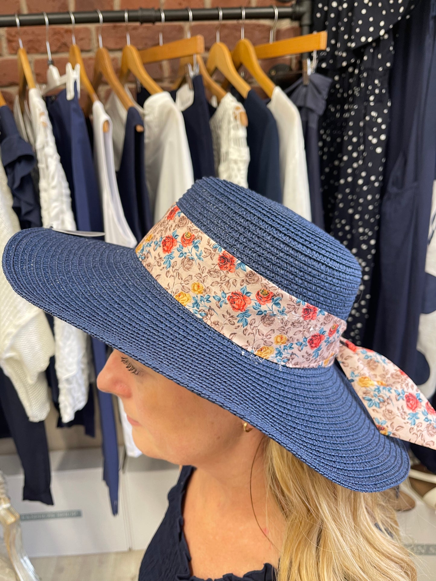 Navy summer hat with floral ribbon