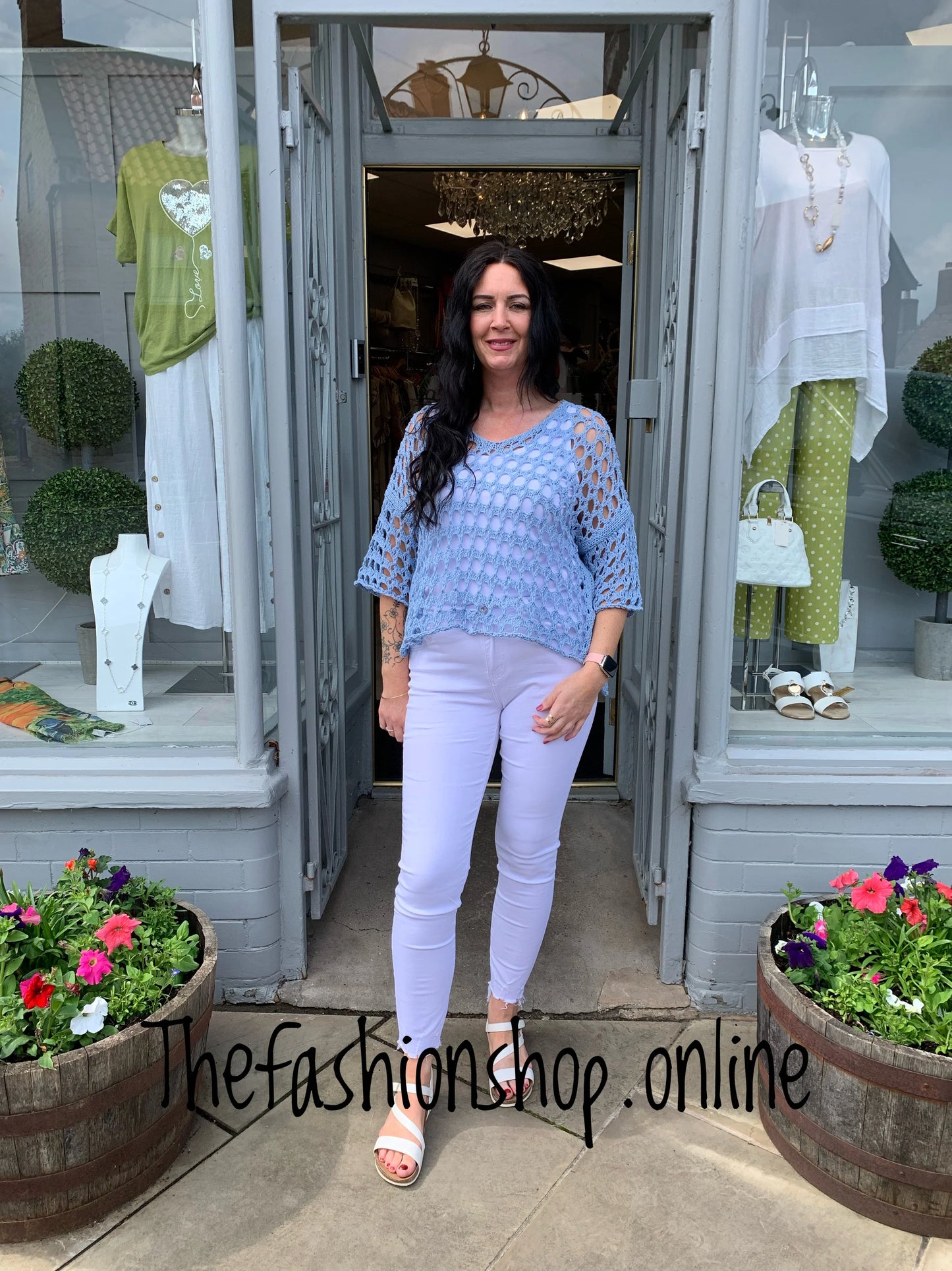 Cotton side split crochet top 10-18 in four colours blue, pink, beige and green