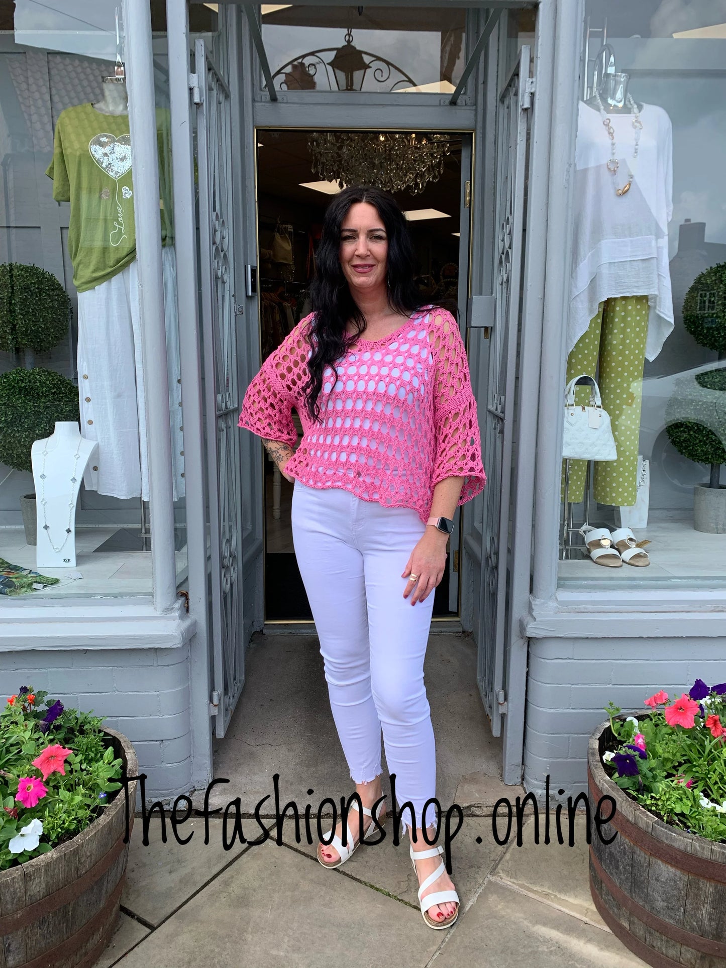 Cotton side split crochet top 10-18 in four colours blue, pink, beige and green