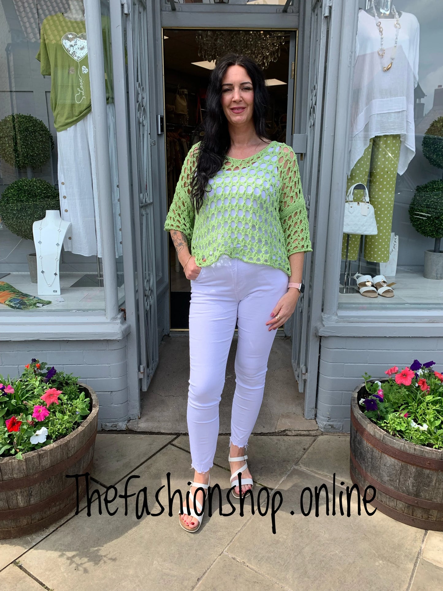 Cotton side split crochet top 10-18 in four colours blue, pink, beige and green