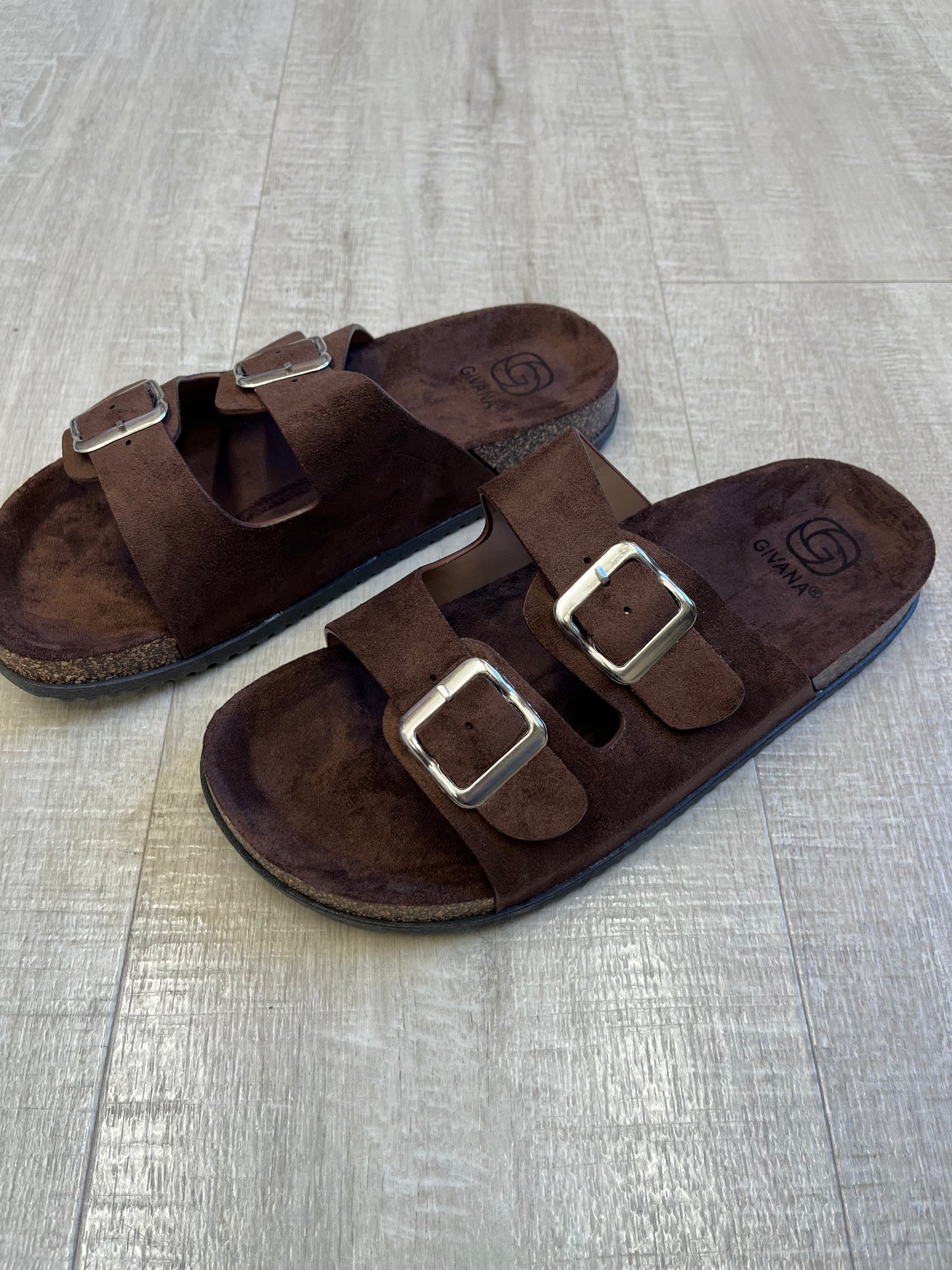 Patsy brown faux suede buckle sliders sizes 3-8 (36-41)