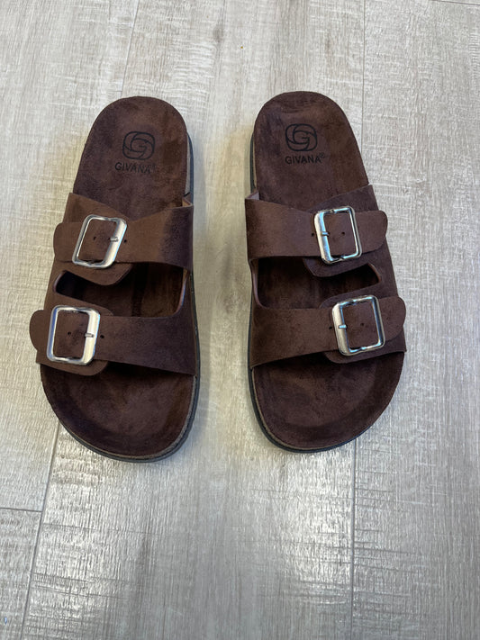 Patsy brown faux suede buckle sliders sizes 3-8 (36-41)