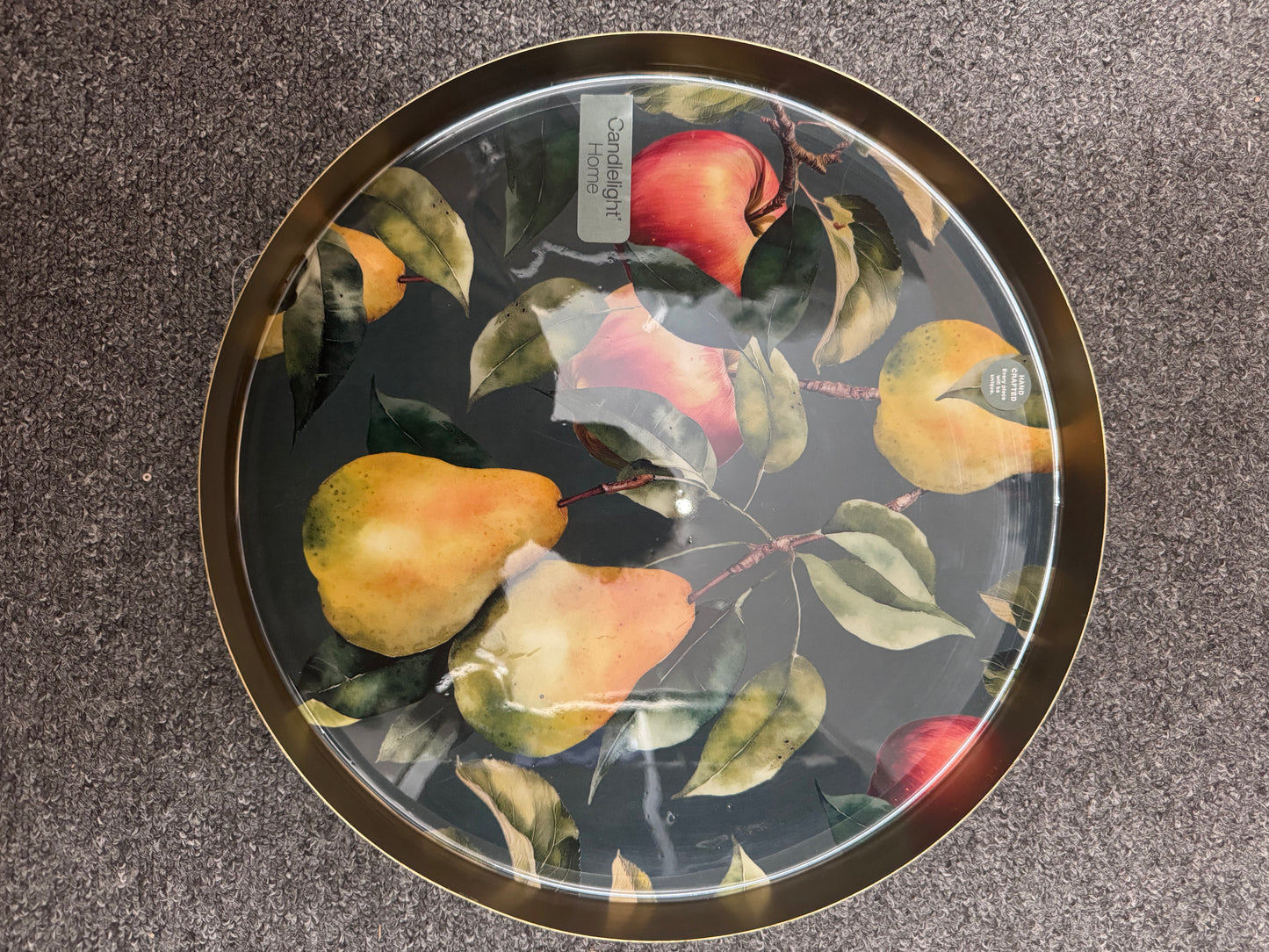 Candlelight 32cm Round Metal Tray with Enamel Decor of Apples and Pears