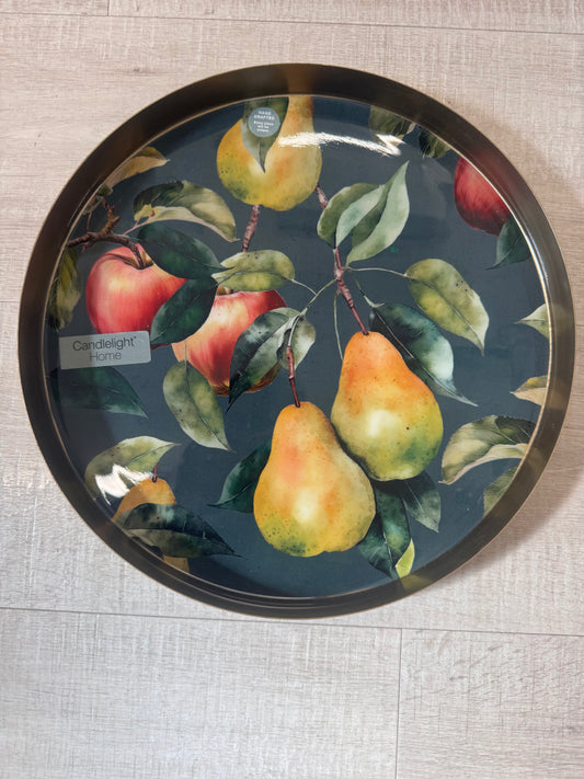 Candlelight 32cm Round Metal Tray with Enamel Decor of Apples and Pears