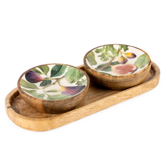 Candlelight Set Of Two Wooden Dipping Bowls on a Tray with Figs Decor