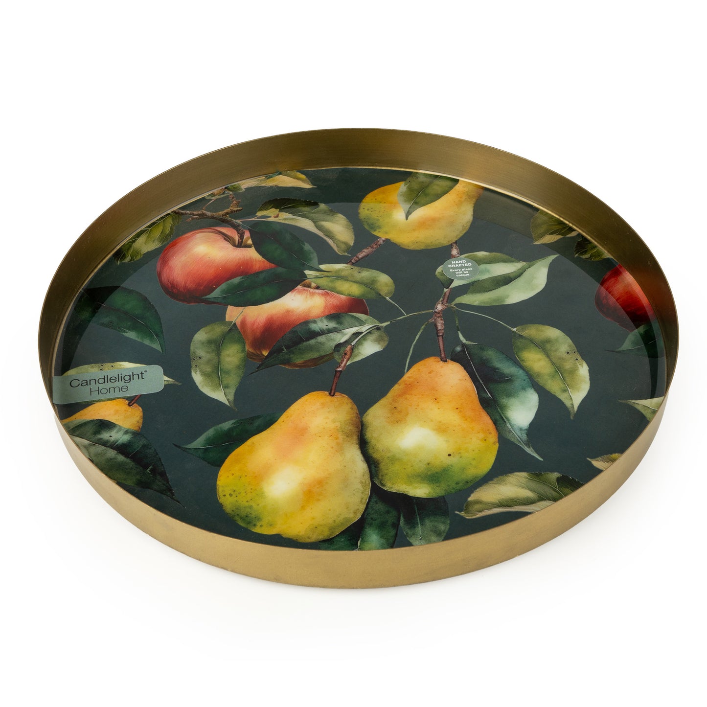 Candlelight 32cm Round Metal Tray with Enamel Decor of Apples and Pears