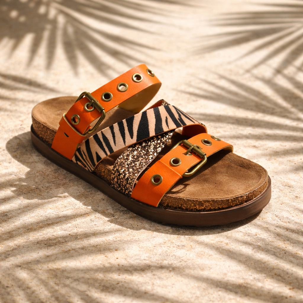 Orla orange and zebra print sliders sizes 3-8 (36-41)