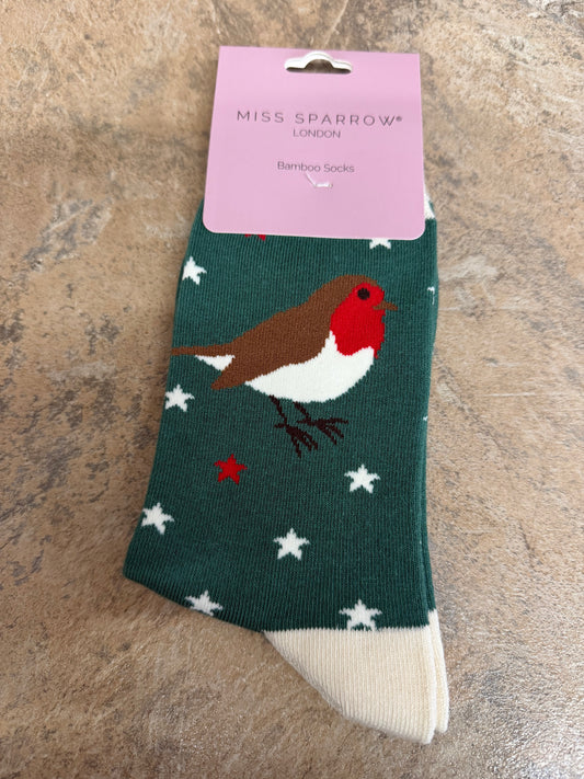 Miss Sparrow Festive Robins in Green Socks 3-7