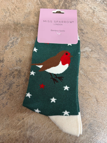 Miss Sparrow Festive Robins in Green Socks 3-7