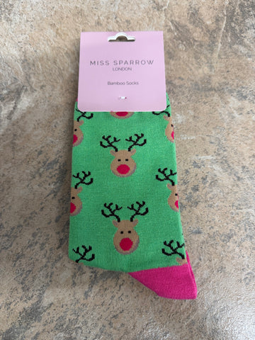 Miss Sparrow Reindeer Green Socks 3-7