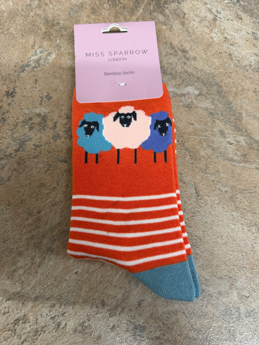 Miss Sparrow Sheep Pals Burnt Orange Socks 3-7