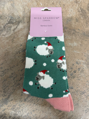 Miss Sparrow Santa Sheep Socks in green 3-7