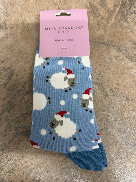 Miss Sparrow Santa Sheep Socks in Powder Blue 3-7