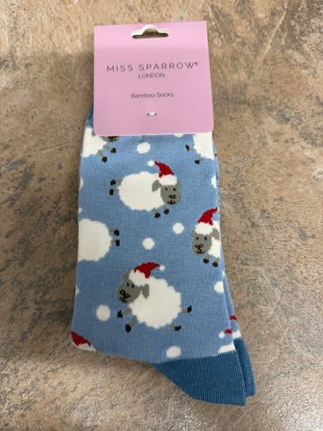 Miss Sparrow Santa Sheep Socks in Powder Blue 3-7