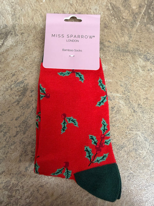 Miss Sparrow Holly Sprig Socks in red 3-7