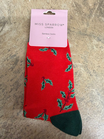 Miss Sparrow Holly Sprig Socks in red 3-7