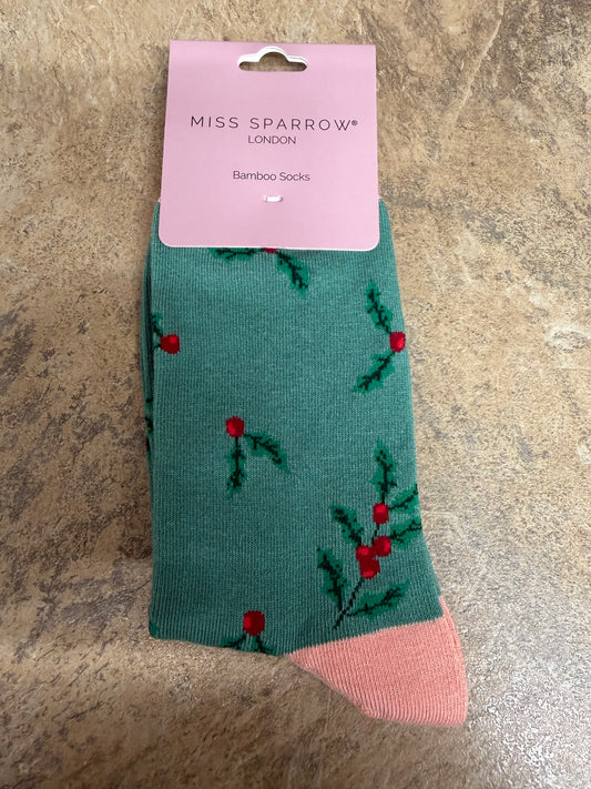 Miss Sparrow Holly Sprig Socks in Green 3-7
