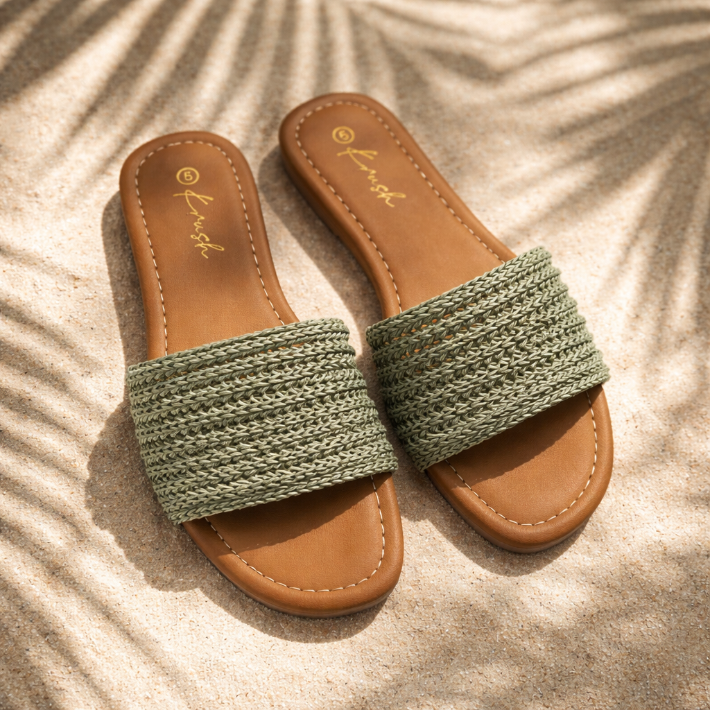 Isabella khaki raffia slip on sandals sizes 3-8 (36-41)