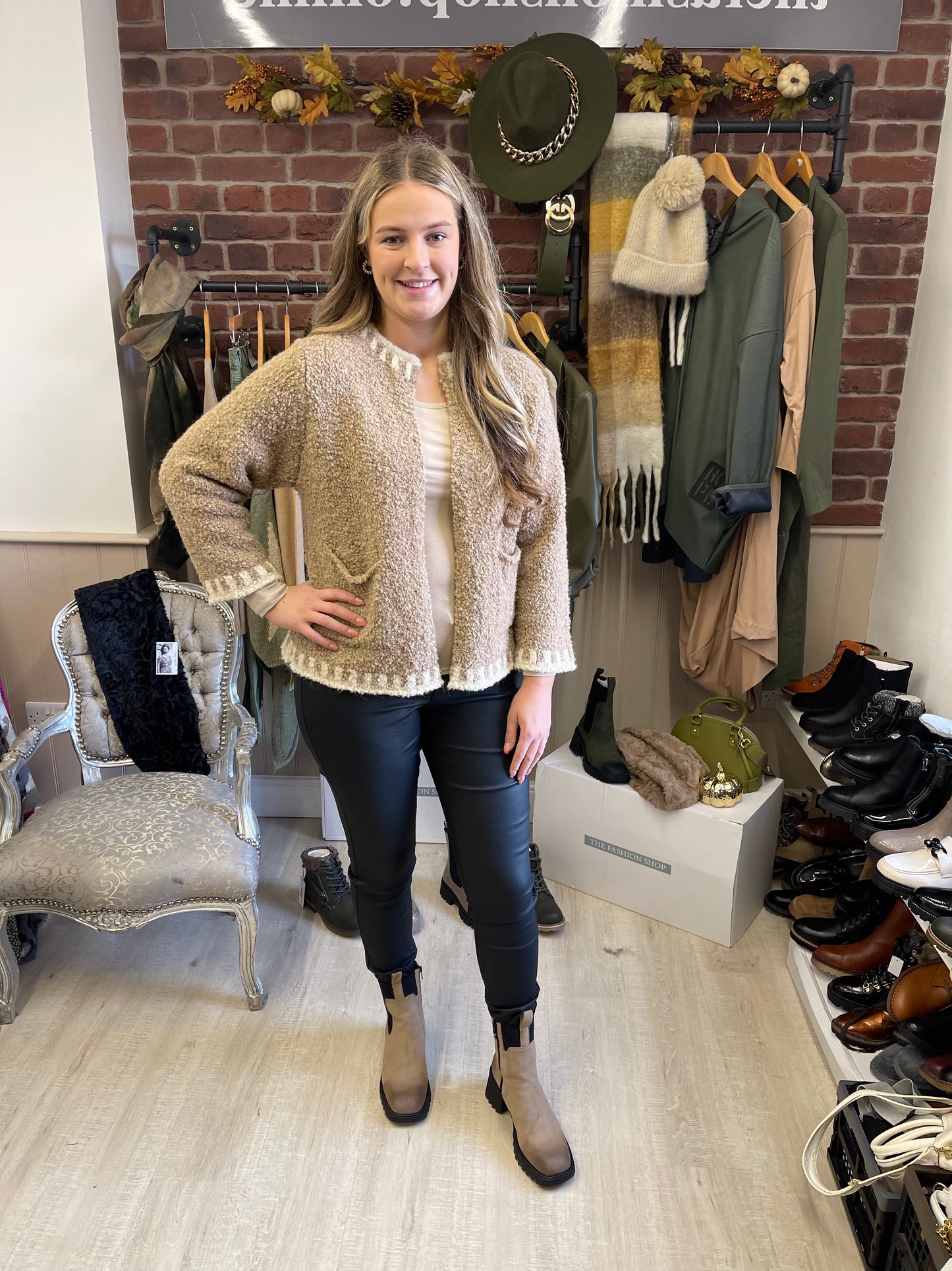 Premium dark beige wool mix knitted jacket with blanket stitch effect 8-16