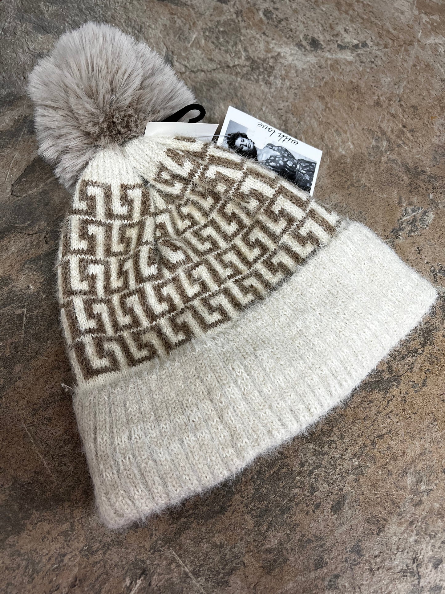 Camel and beige design pompom hat