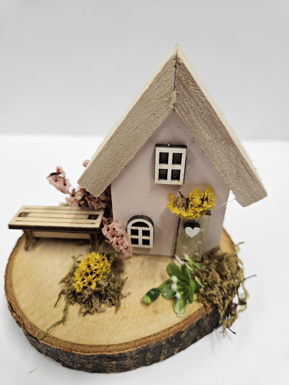 Rustic Folk Art Wooden Cottage in Pink