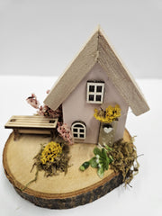 Rustic Folk Art Wooden Cottage in Pink