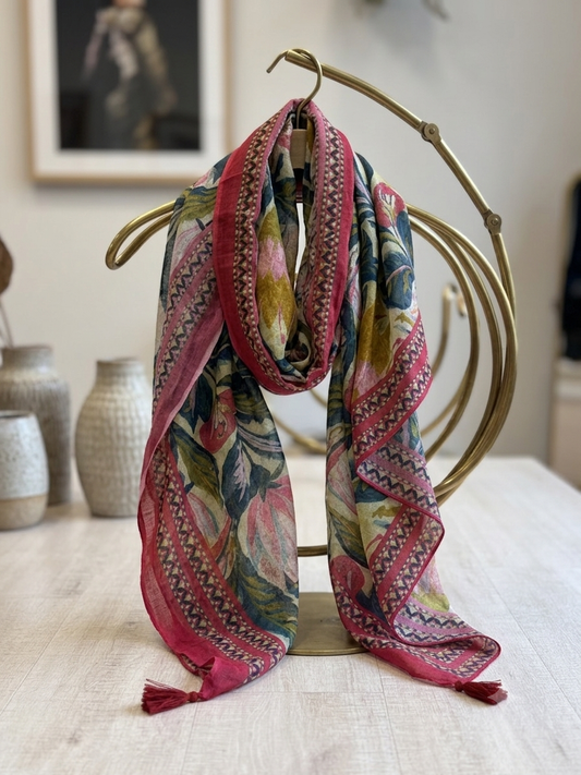 Wine and green botanical blossoms tassel scarf