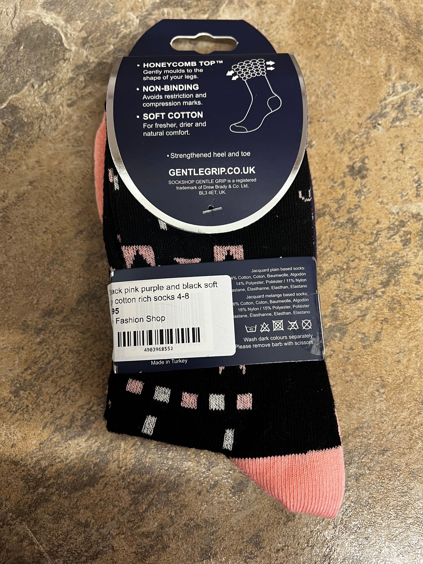 3 pack pink purple and black soft grip cotton rich socks 4-8
