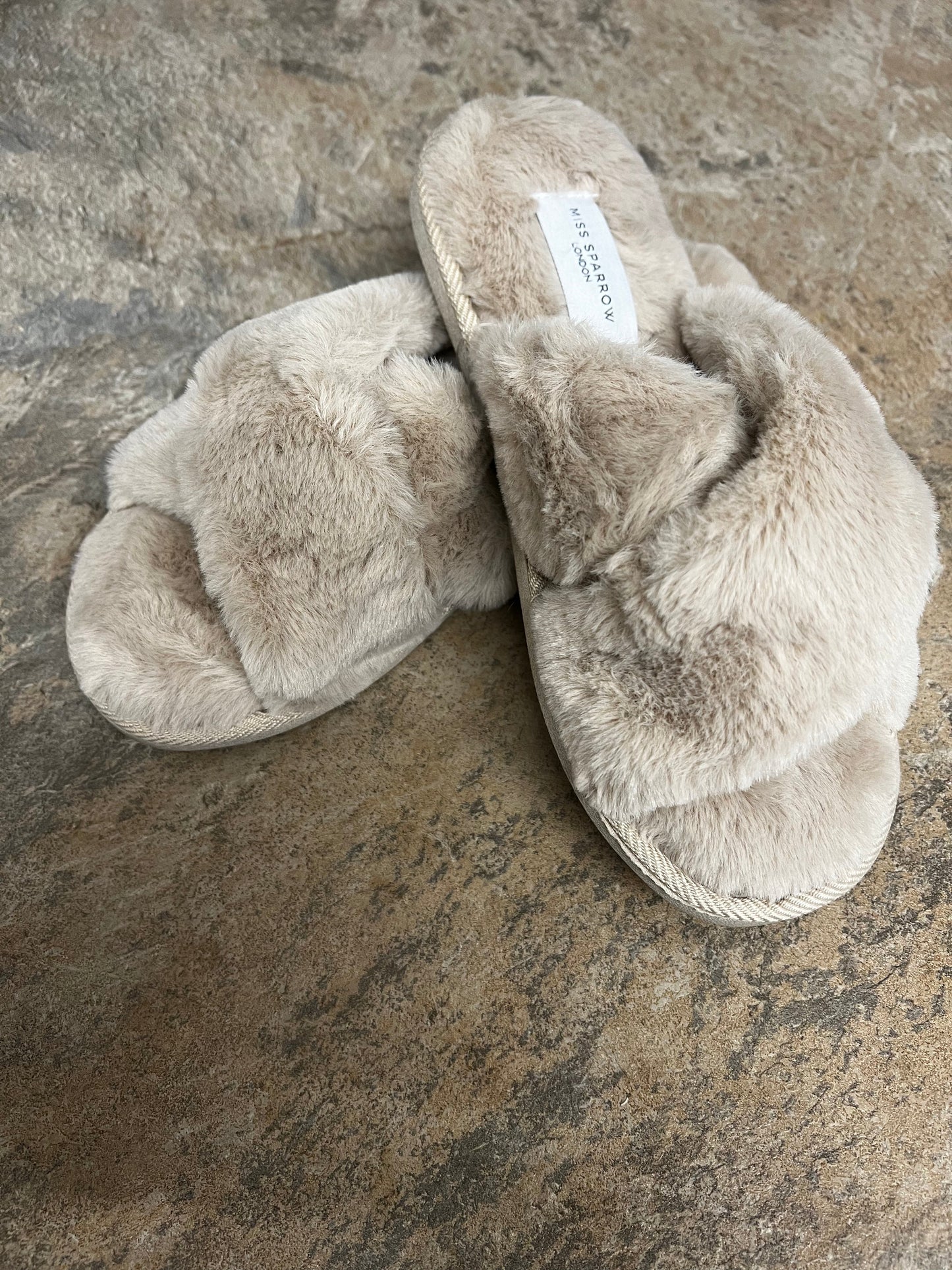 Miss Sparrow beige faux fur cross over slippers